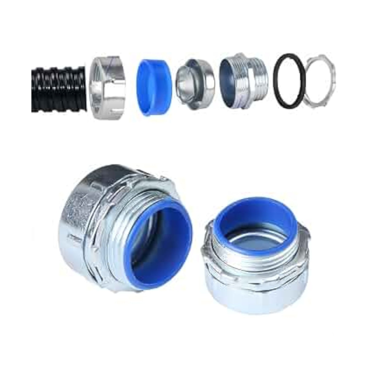 Metal cable gland connector with blue rubber gasket and black threaded wire entry, shown assembled and exploded on a white background.