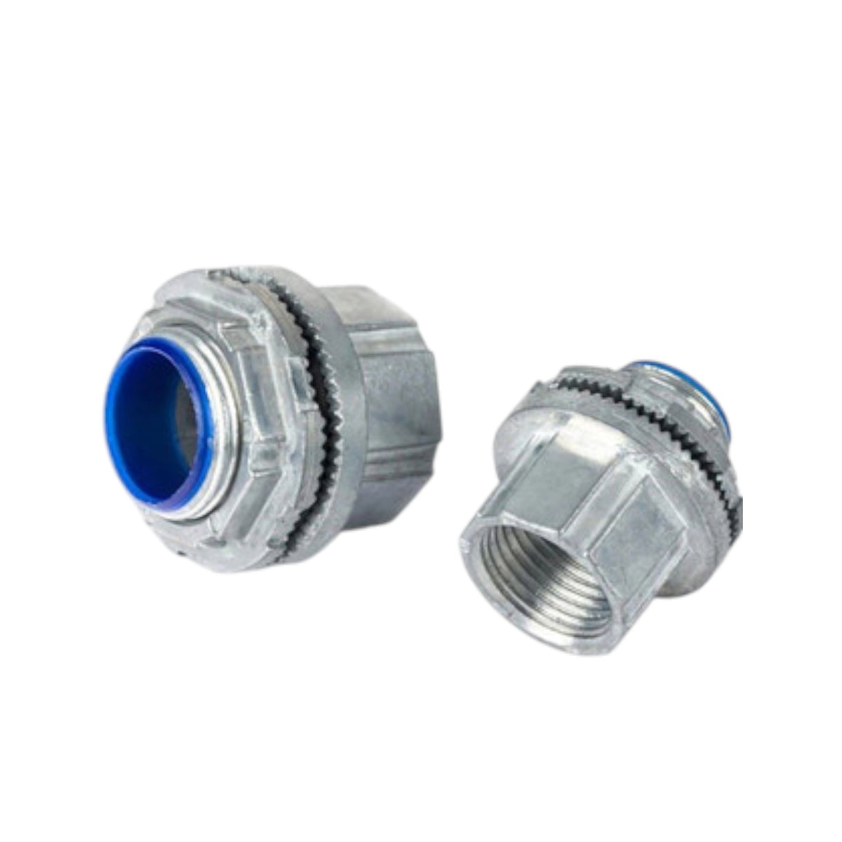 Two galvanized metal threaded connector fittings with blue inner rings, shown on a plain white background.