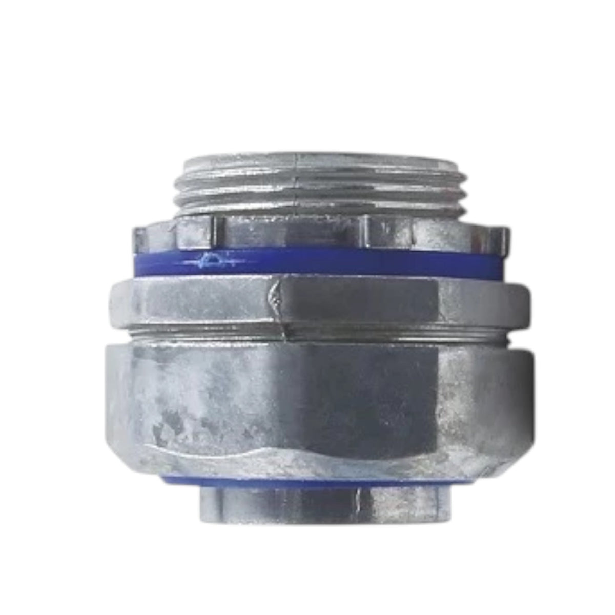 A galvanized metal threaded connector fitting with blue rubber O-rings, shown against a plain white background.