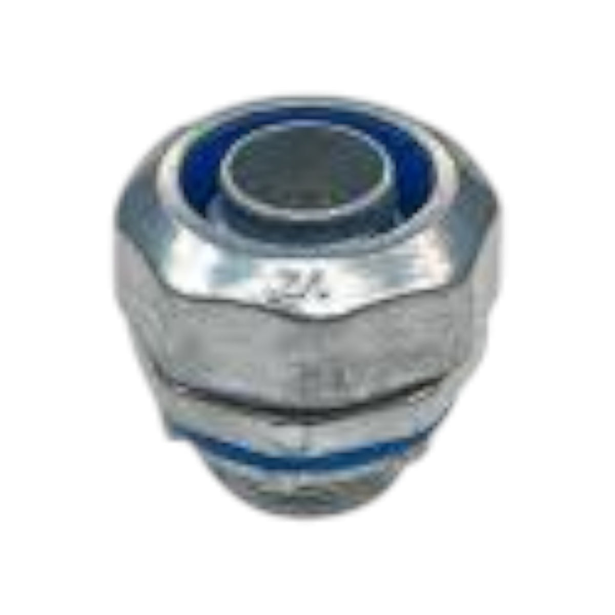 A galvanized steel threaded fitting or connector with a blue rubber O-ring visible inside the opening, shown on a plain white background.