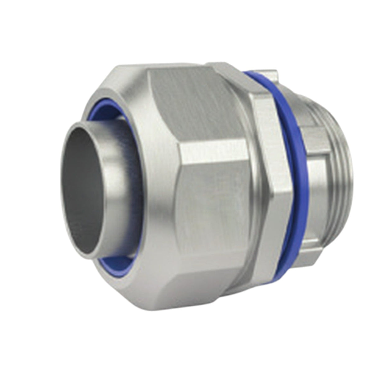A stainless steel male connector fitting with a blue O-ring seal, shown on a plain white background.