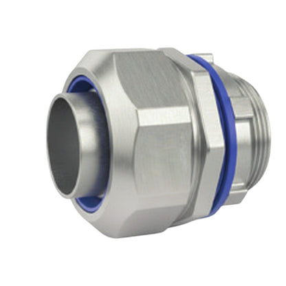 A stainless steel male connector fitting with a blue O-ring seal, shown on a plain white background.