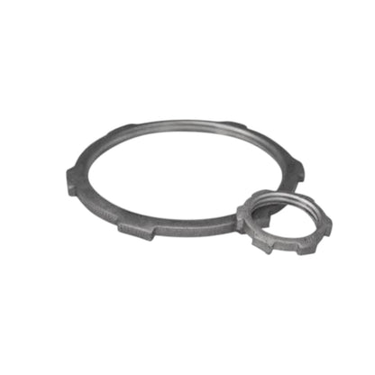 A pair of dark gray cast metal ring clamps, one larger flat ring and one smaller threaded ring, shown on a plain white background.