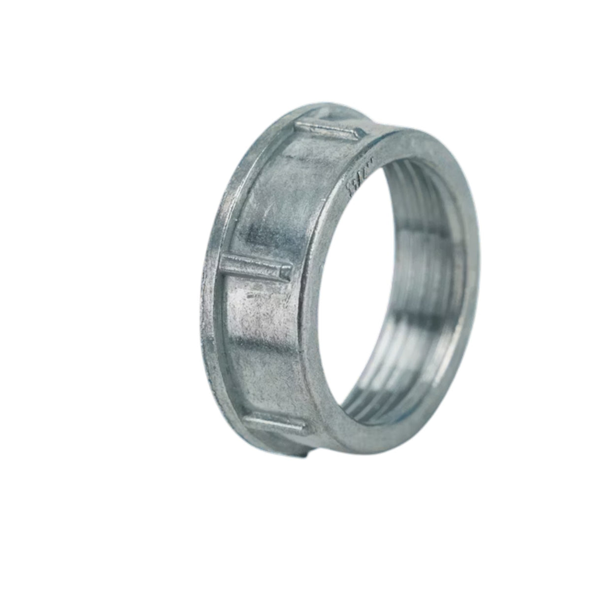 A galvanized metal threaded pipe fitting, likely a coupler or reducer, shown on a plain white background.