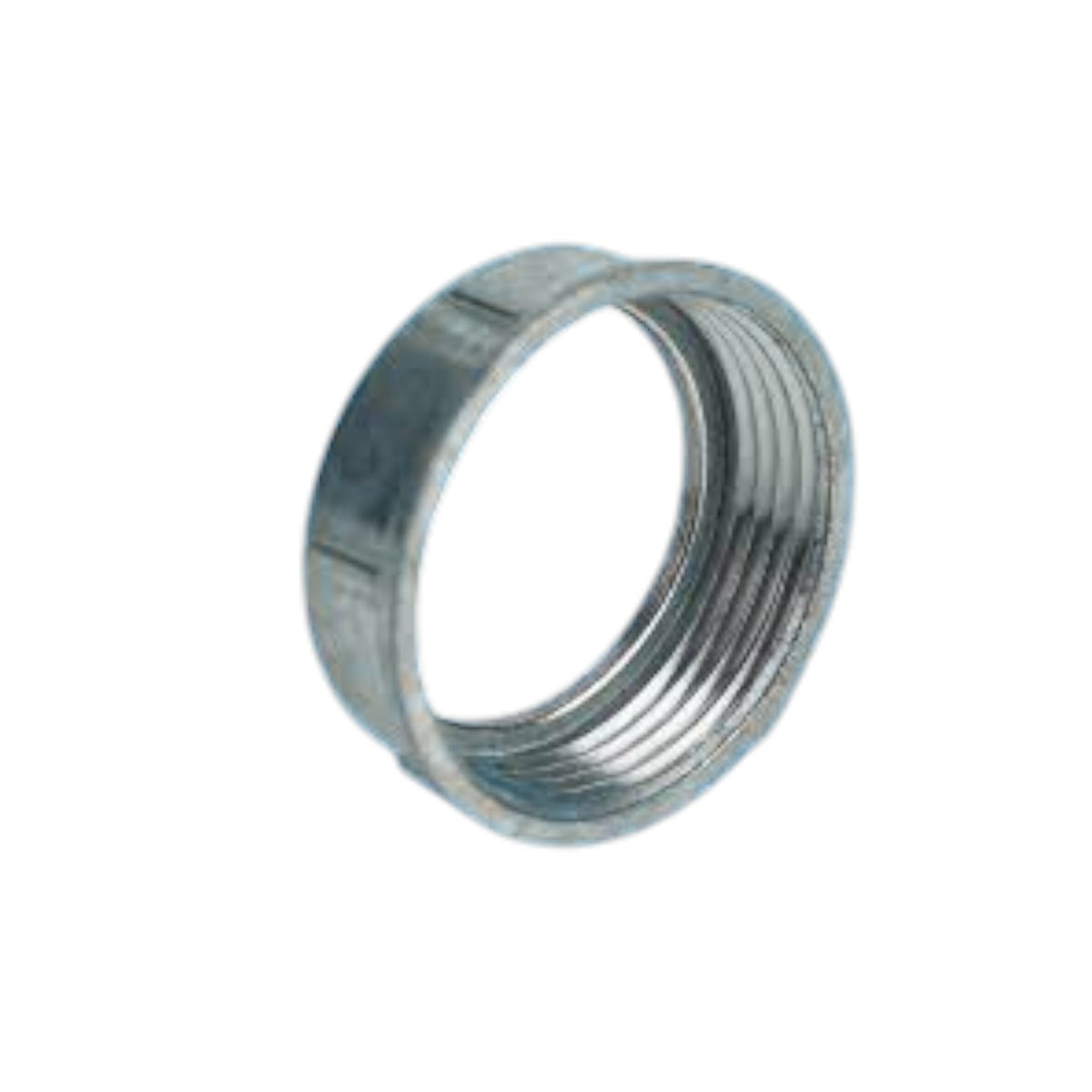 A galvanized metal threaded ring or coupler, isolated on a white background.