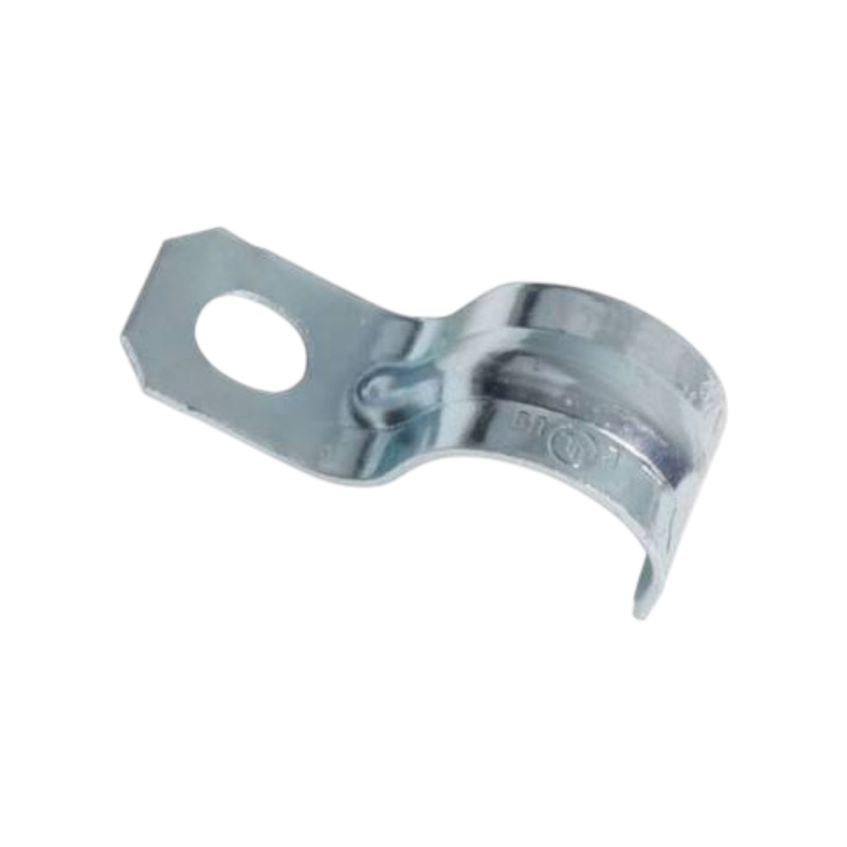 A small galvanized metal clamp with a flat winged tab and a circular hole, shown on a plain white background.