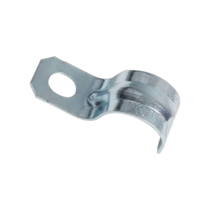 A small galvanized metal clamp with a flat winged tab and a circular hole, shown on a plain white background.