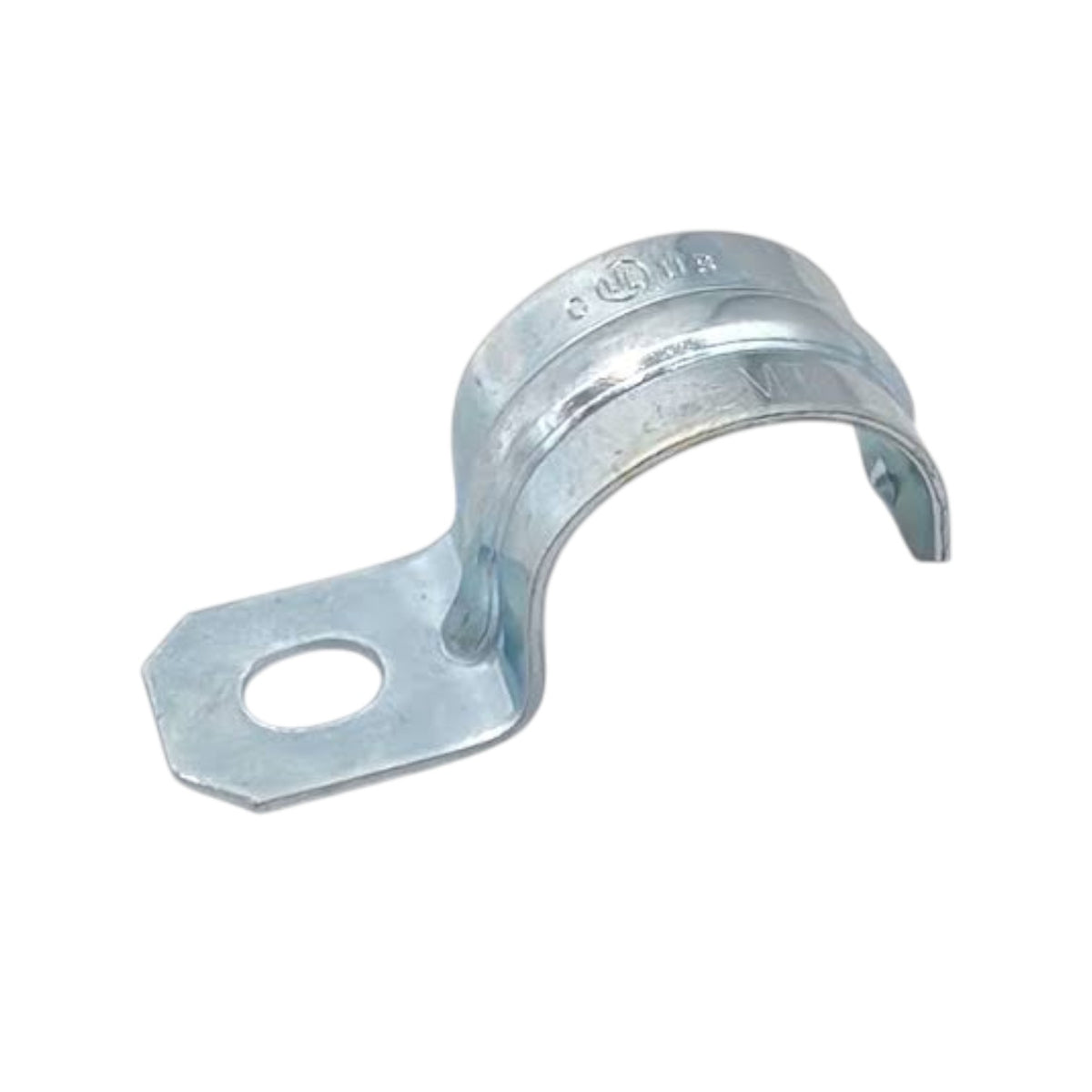 A galvanized metal cable clamp with a flat mounting tab and a circular hole, shown on a plain white background.