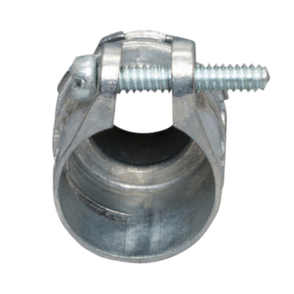 Galvanized metal pipe clamp with a threaded screw and lock washer, isolated on a white background.