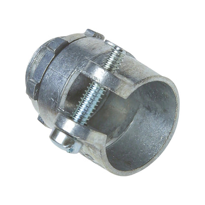 Galvanized metal pipe coupler with a threaded joint and locking nuts, shown on a plain white background.