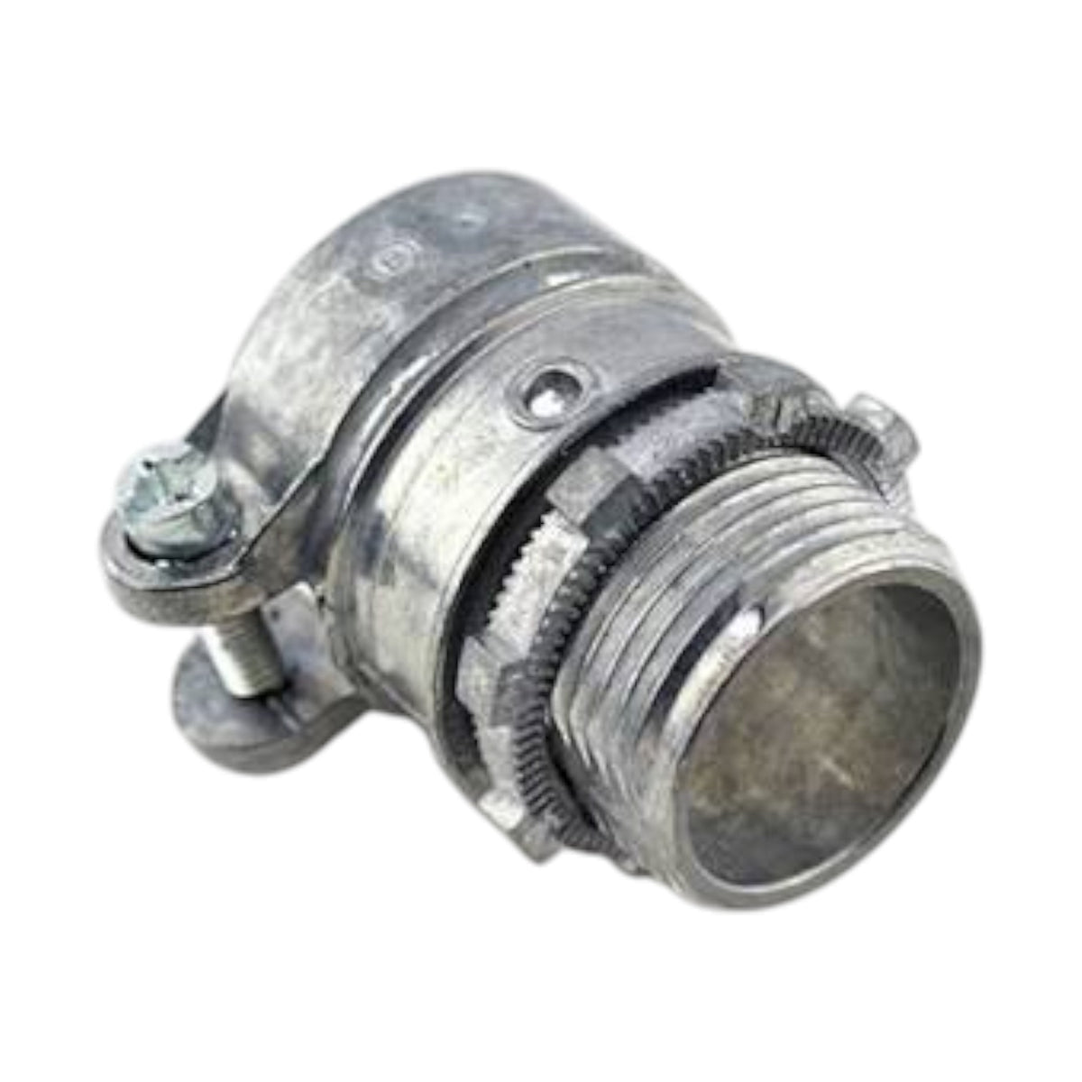 A galvanized metal pipe connector with a threaded male end and a clamp-style coupling with a visible bolt and washer, isolated on a white background.