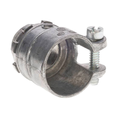 A galvanized metal pipe coupler clamp with a threaded screw and bolt closure, shown on a plain white background.