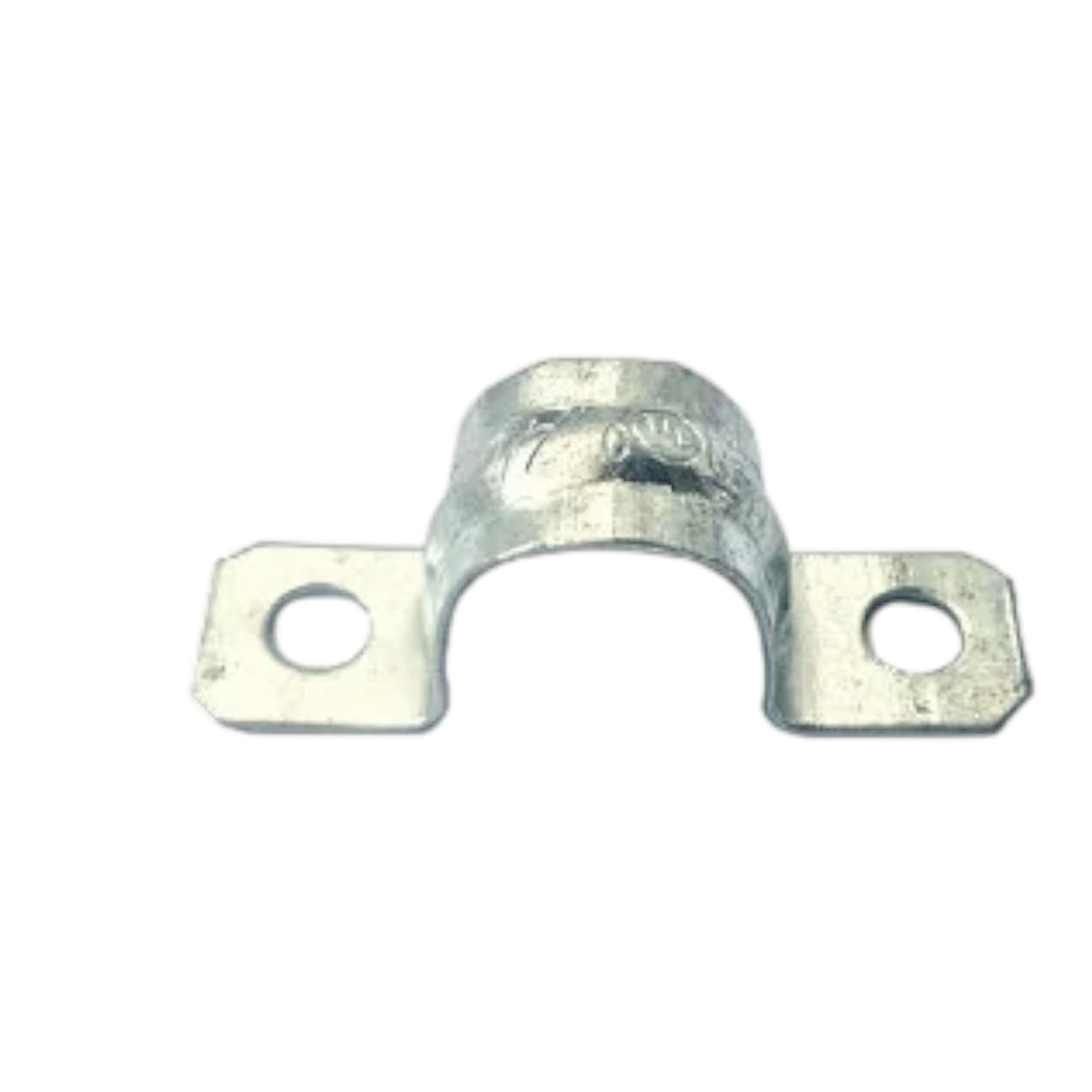 A galvanized metal U-bolt connector with two flat mounting tabs and circular holes, shown on a plain white background.