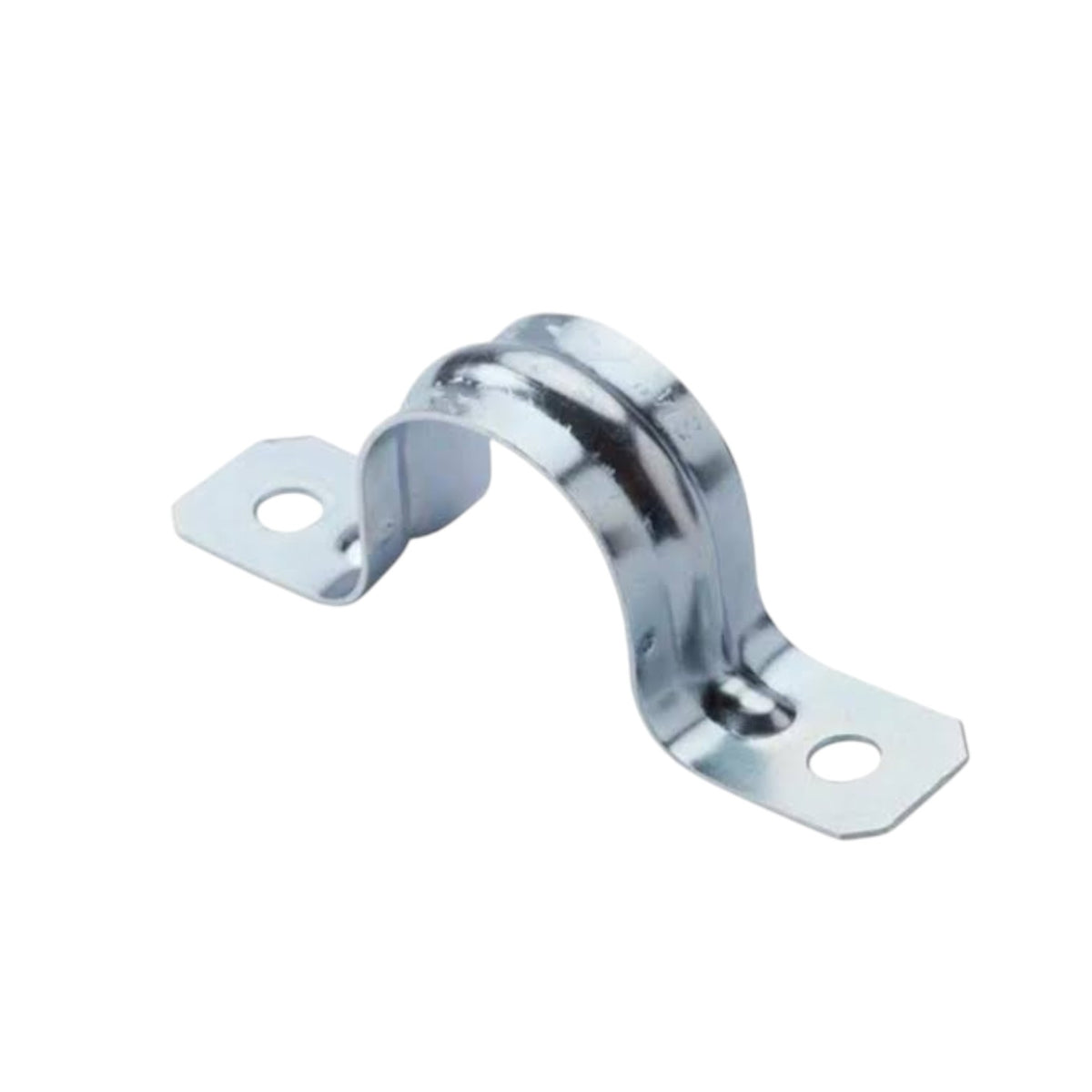 Galvanized steel U-bend mounting bracket with two screw holes, shown on a plain white background.
