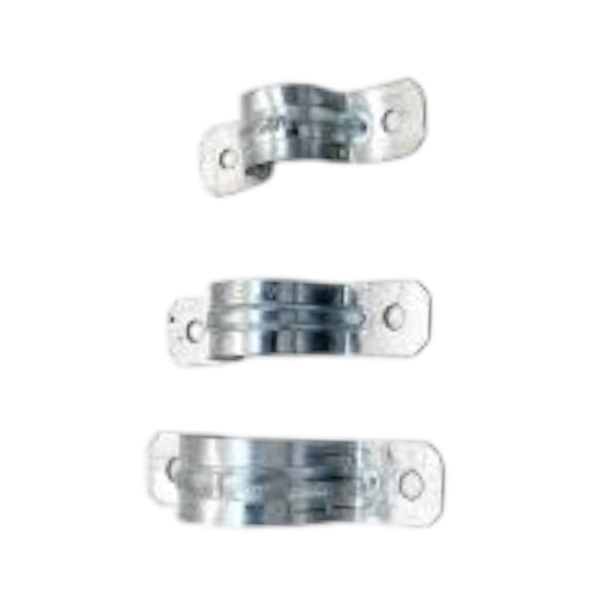 Three silver metal mounting brackets of different sizes arranged vertically on a plain white background.