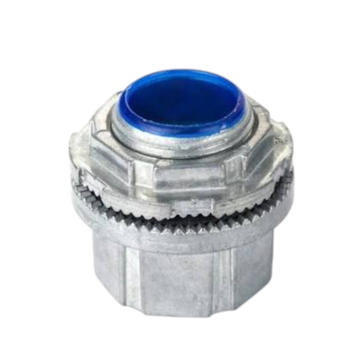 A silver metal threaded fitting with a blue circular insert at the top, isolated on a white background.