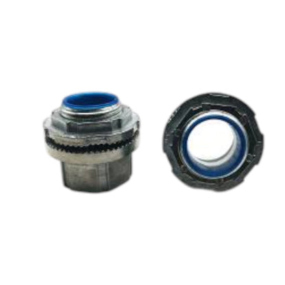 Two small metal cylindrical hardware components on a plain white background, one shown from the front and one from the side, with blue inner rings visible.