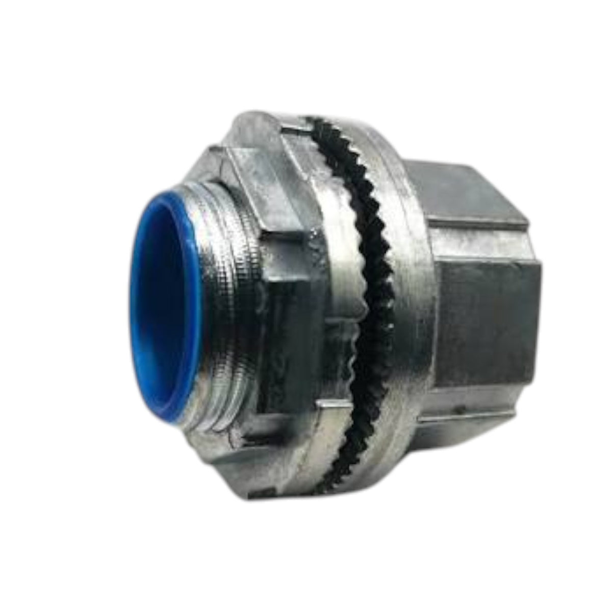 A metal electrical connector with a blue inner lining, isolated on a white background.