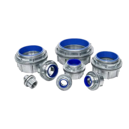 A set of galvanized metal cable glands and connectors with bright blue inner rings, arranged on a plain white background.