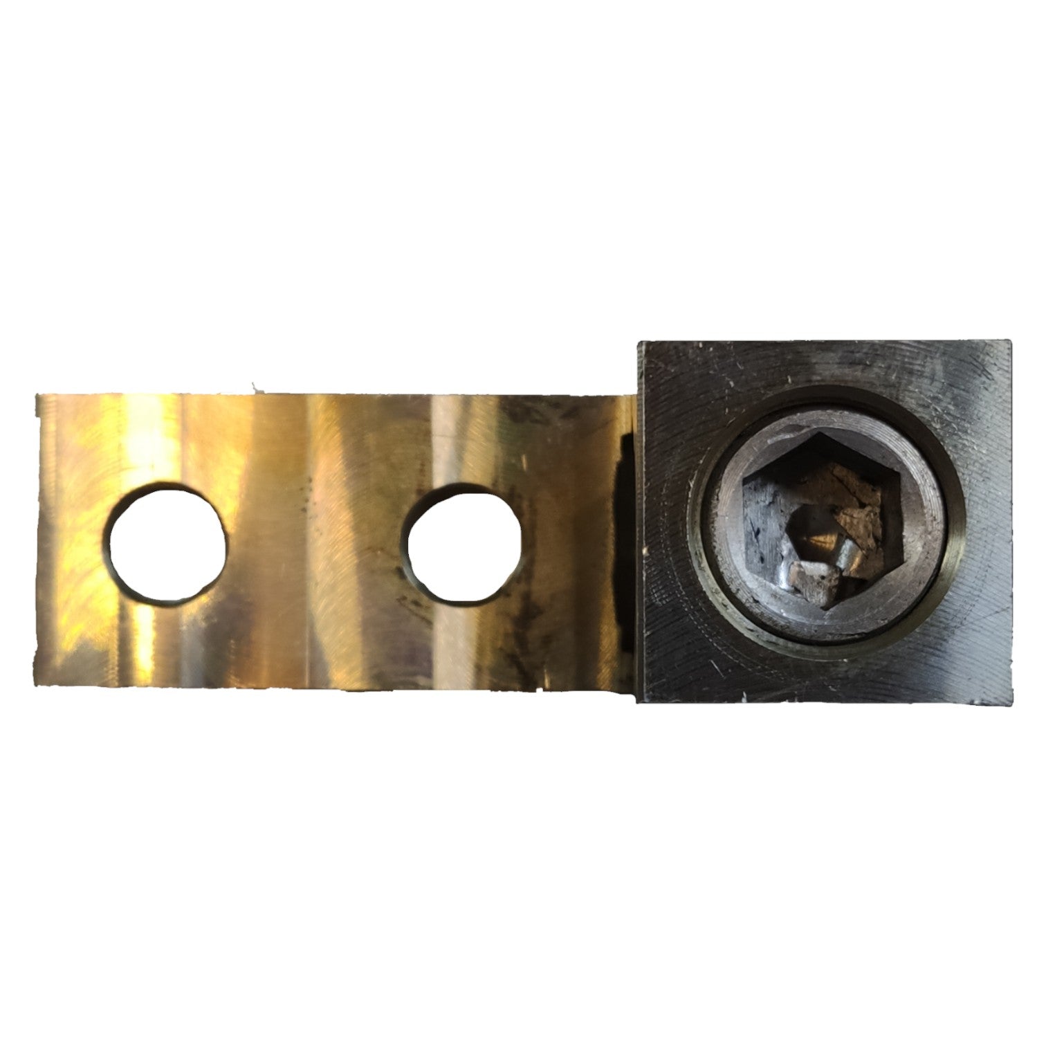 Metallic bracket with two holes and a cylindrical component on a white background