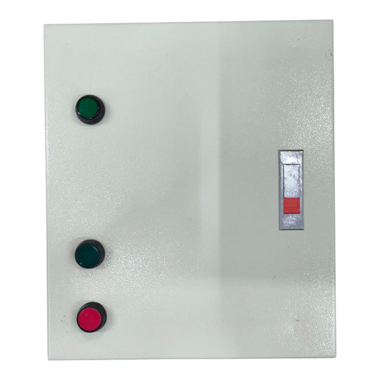 A square industrial electrical control panel with a textured off-white faceplate, featuring a vertical three-position switch on the right with a red contact and a green and black button on the left.