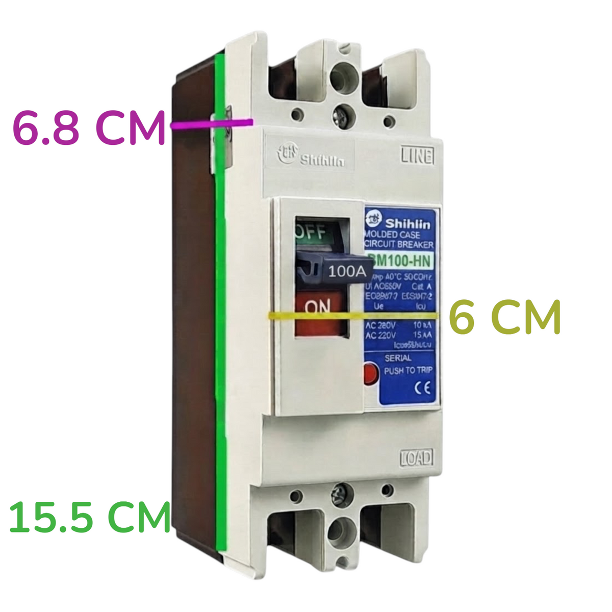 Shihlin BM100-HN 100A AC 230V circuit breaker with dimension annotations showing 15.5 cm total height, 6 cm front switch area, and 6.