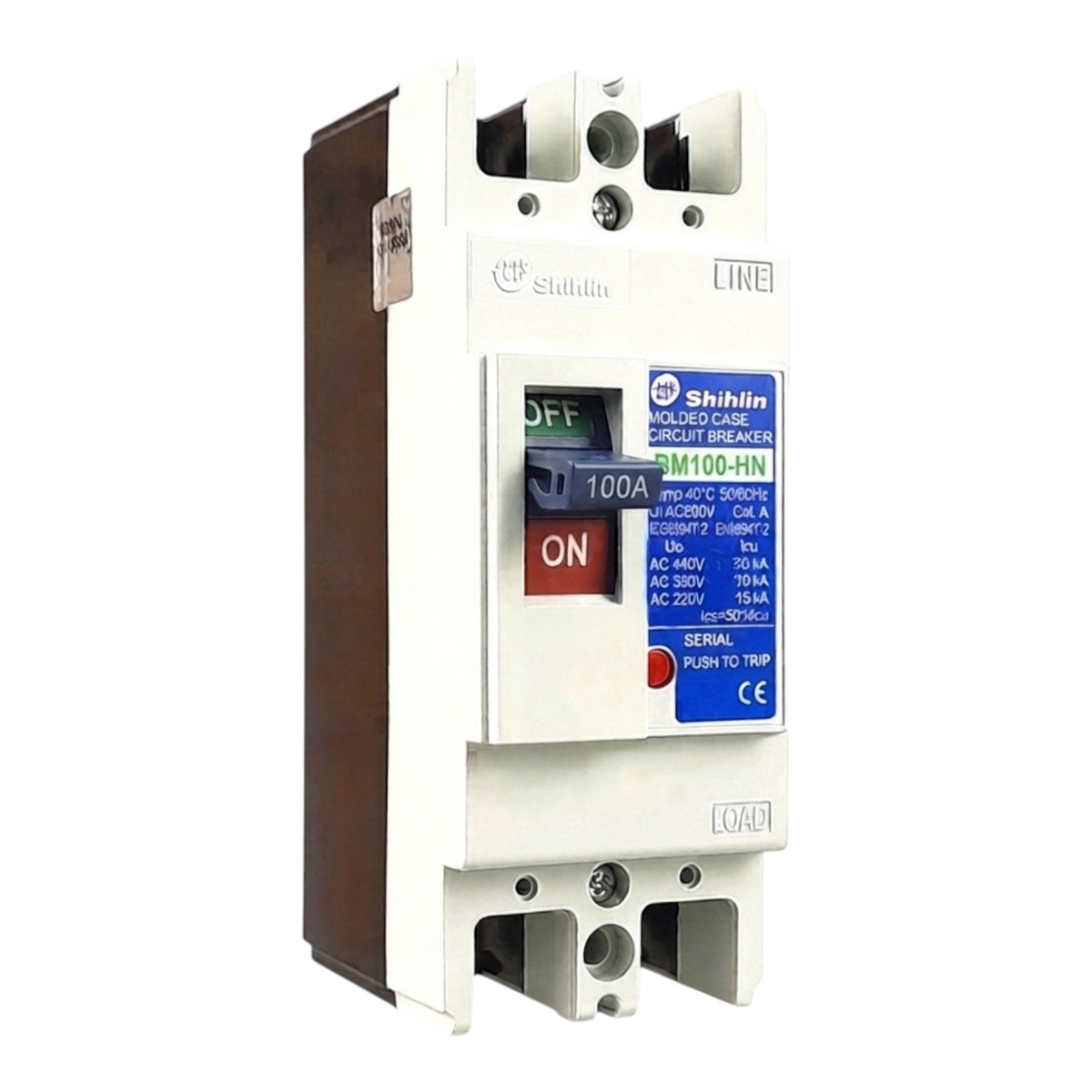 Shihlin BM100-HN 100A solid state circuit breaker with a white plastic housing, brown side cover, blue and red front label, and terminal blocks at the top and bottom.