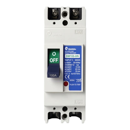 Schinlin BM100-HN 100A modular line contact breaker with a white plastic housing, blue and green front labels, and a red emergency stop button, shown on a plain white background.