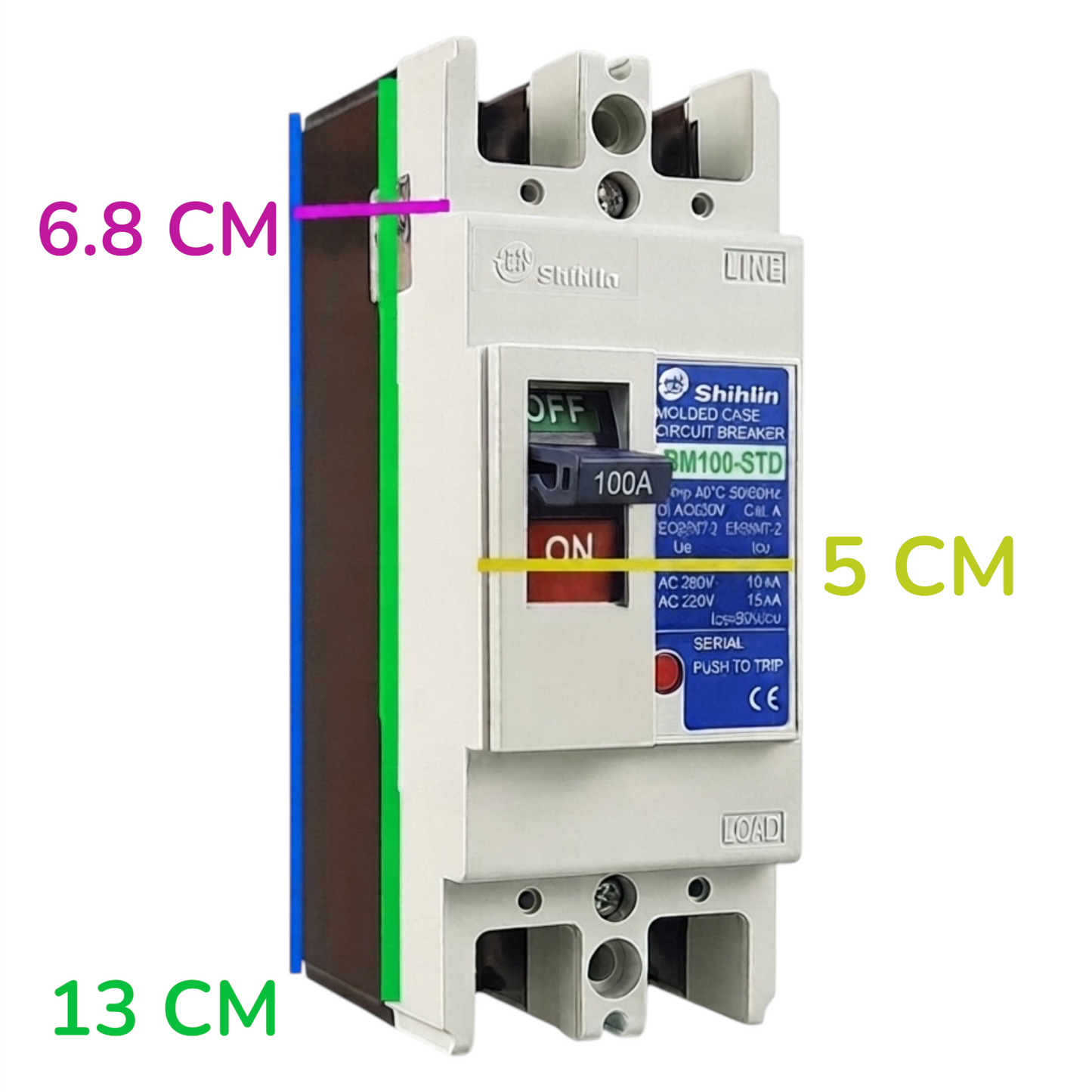 Shihlin BM100-STD circuit breaker with dimension annotations showing 13 cm width, 6.8 cm side depth, and 5 cm front depth on a white background.