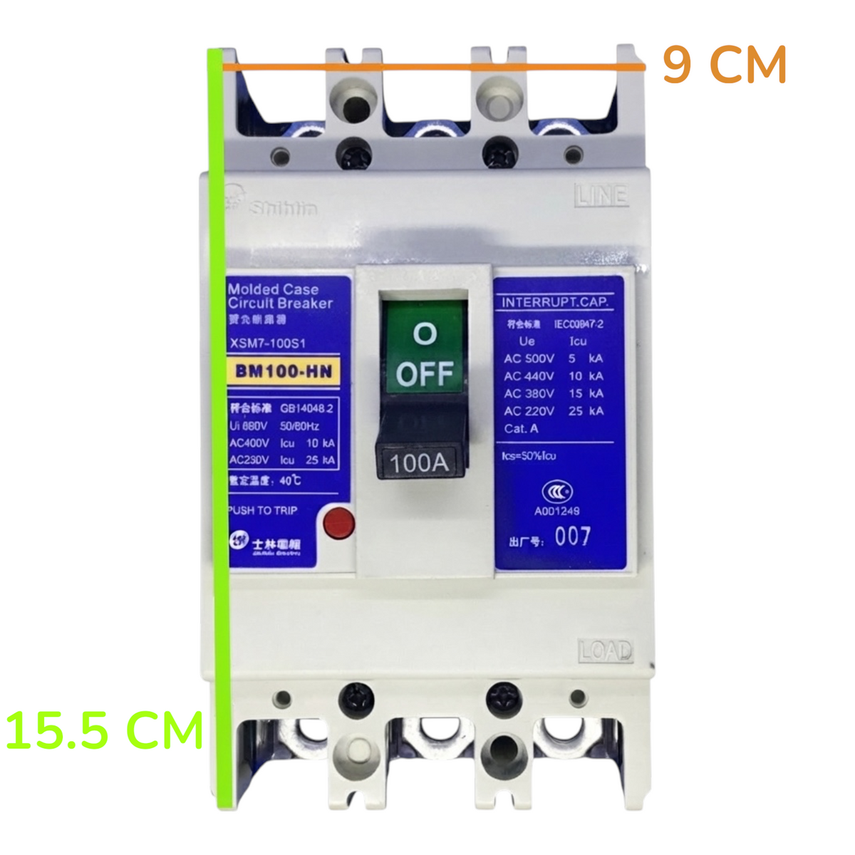 A molded case circuit breaker shown on a white background with measurement annotations: a green vertical marker labeled 15.5 CM and an orange horizontal marker labeled 9 CM.