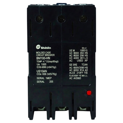 A Shihlin molded case circuit breaker, model BM100-HN, in a dark gray/black plastic housing with white printed technical specifications and a small red reset button.