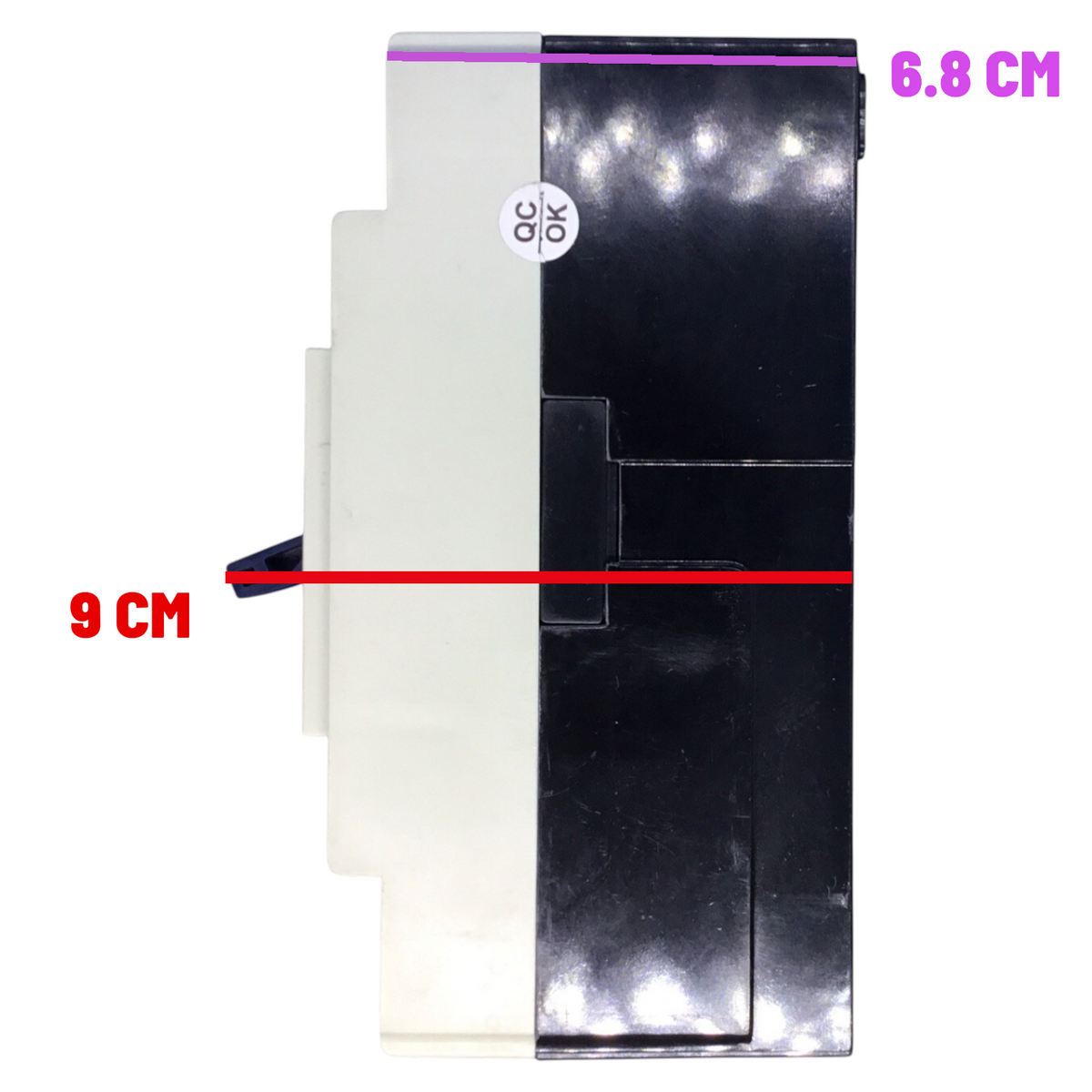 A black and white rectangular electronic component with dimension markings showing 6.8 cm width and 9 cm height, on a white background.