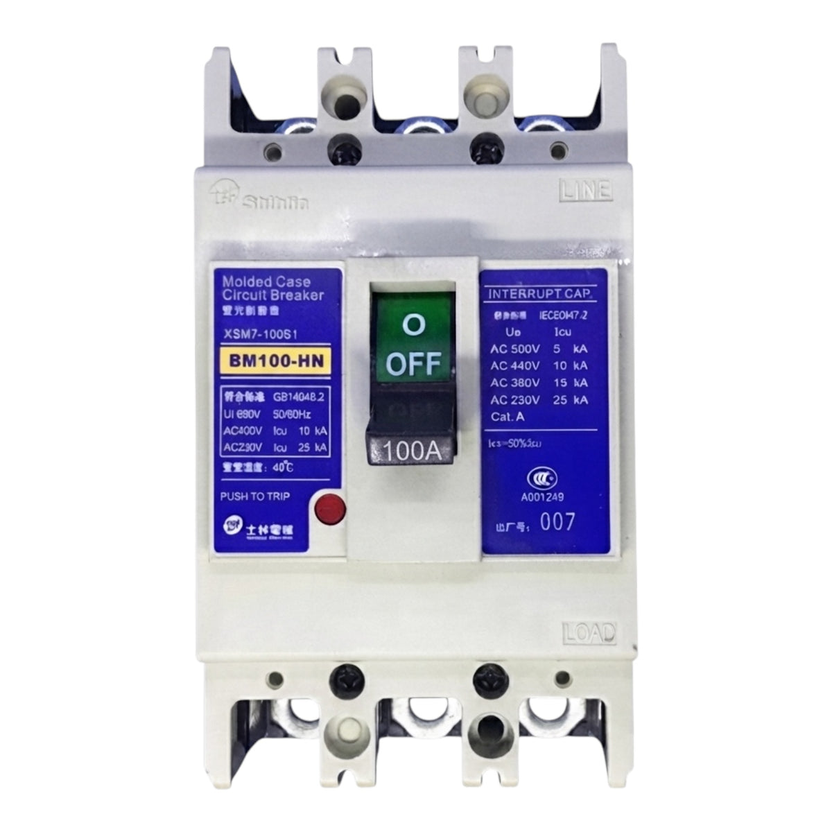 A molded case circuit breaker with a white plastic body, blue and yellow technical labels, a green and black central switch, and terminal connectors at the top and bottom, shown on a plain white background.