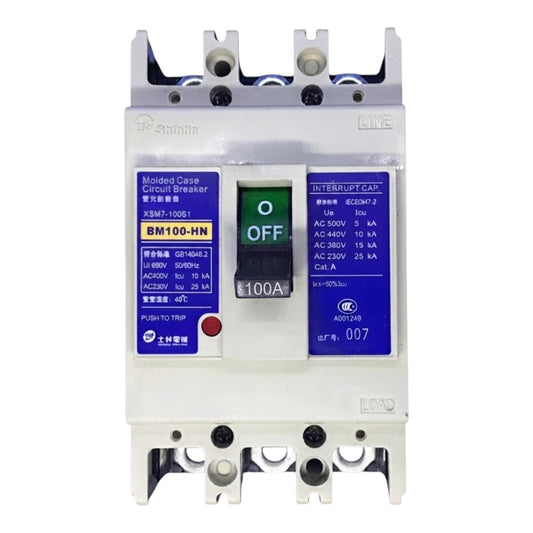 A molded case circuit breaker with a white plastic body, blue and yellow technical labels, a green and black central switch, and terminal connectors at the top and bottom, shown on a plain white background.