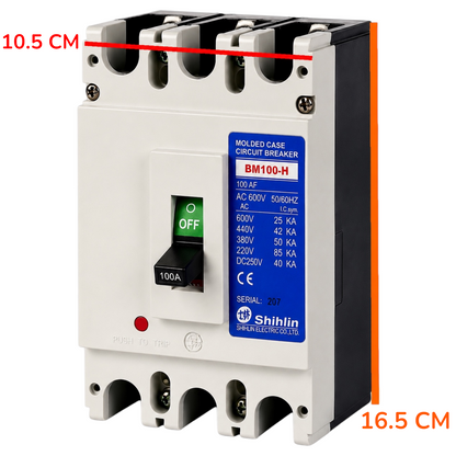 A Shihlin BM100-H molded case circuit breaker shown on a plain white background with red dimension lines and orange text indicating 10.5 cm width and 16.