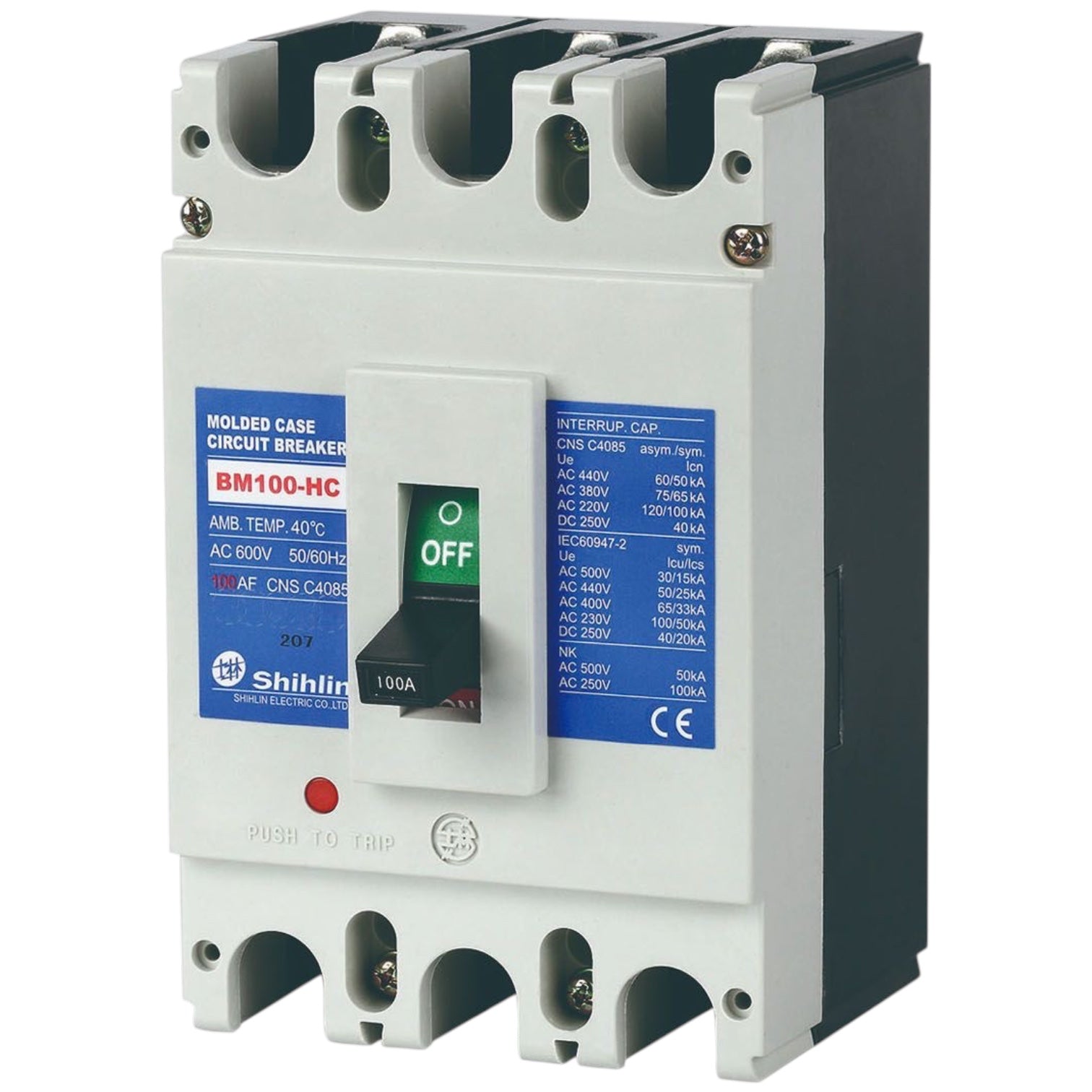 Shihlin BM100-HC molded case circuit breaker with a white front, dark gray side housing, blue technical labels, and a black switch in the center.