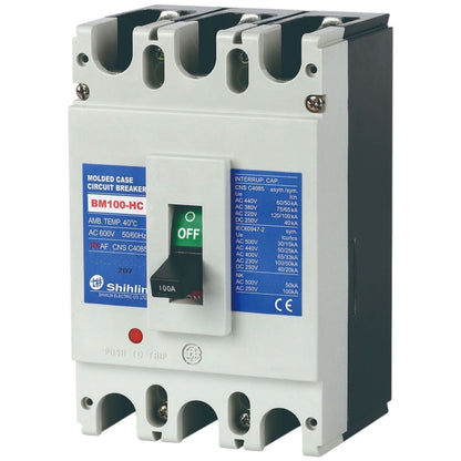 Shihlin BM100-HC molded case circuit breaker with a white front, dark gray side housing, blue technical labels, and a black switch in the center.