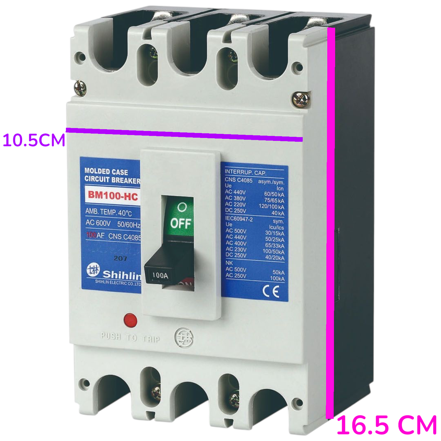A Shihlin BM100-HC molded case circuit breaker shown on a plain white background with dimension overlays indicating 10.5 cm width and 16.