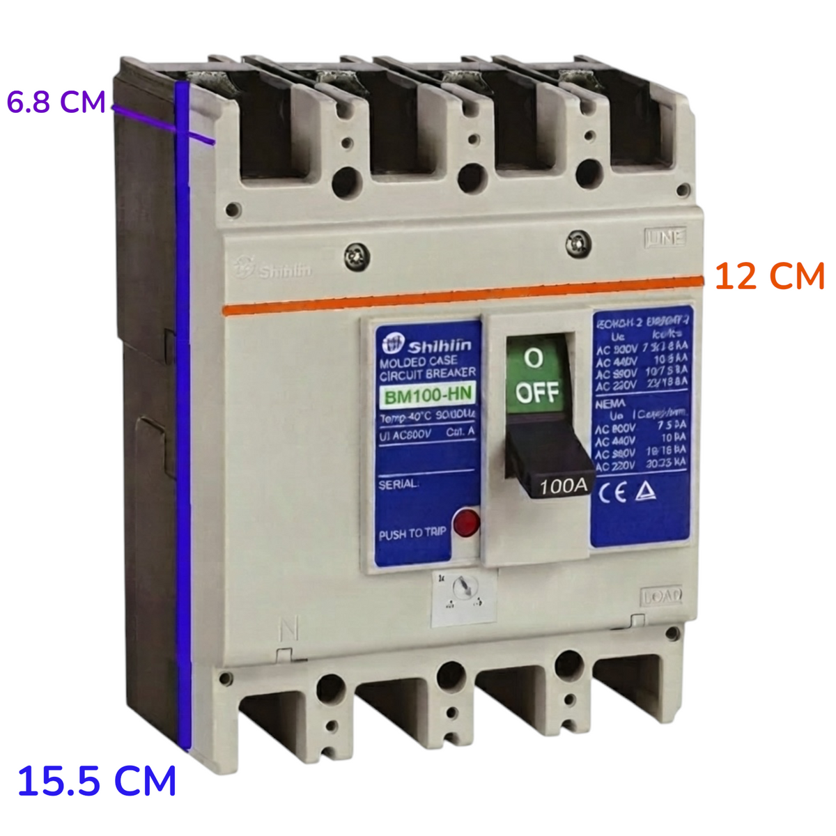 A Shihlin BM100-HN molded circuit breaker shown from the front with dimension callouts in blue and orange text indicating 6.8 cm, 12 cm, and 15.