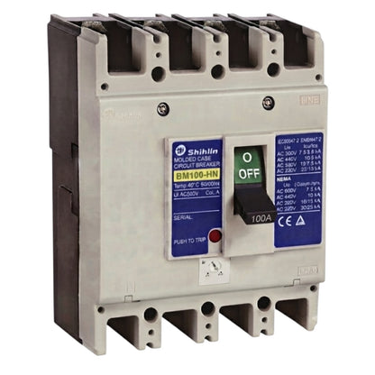 Shihlin BM100-HN molded case circuit breaker, 100A, 400VAC, Col. A, with a gray plastic housing, black terminal covers, and blue and white labeling.