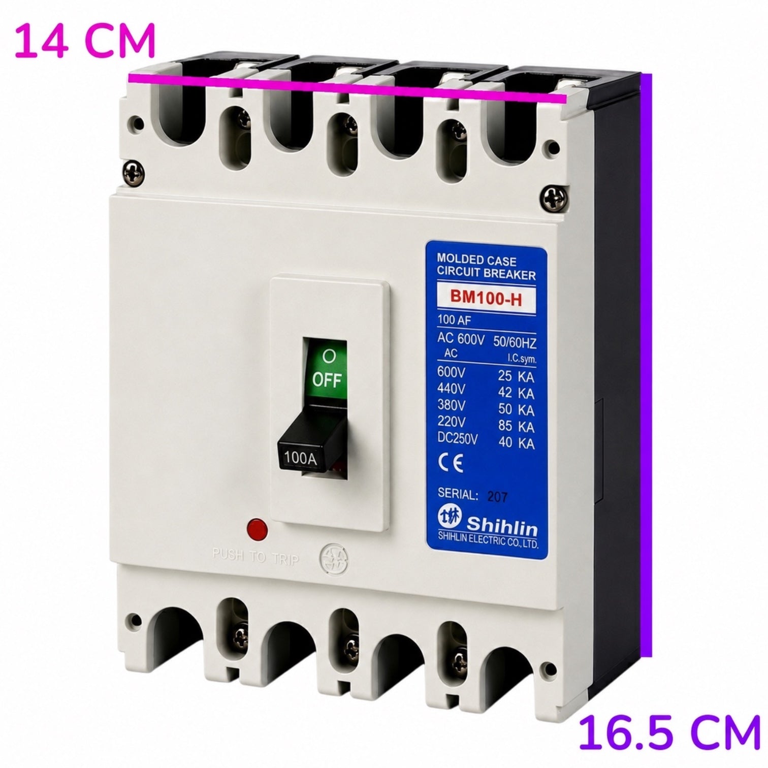 A Shihlin BM100-H molded case circuit breaker with a white front, black terminal blocks, and a blue specification label. The image includes dimension overlays indicating 14 cm width and 16.