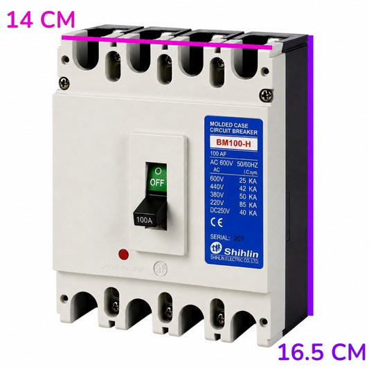 A Shihlin BM100-H molded case circuit breaker with a white front, black terminal blocks, and a blue specification label. The image includes dimension overlays indicating 14 cm width and 16.