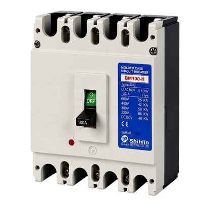 Shihlin BM100-H molded case circuit breaker with a white front panel, black terminal housing, blue specification label, and green/off switch.