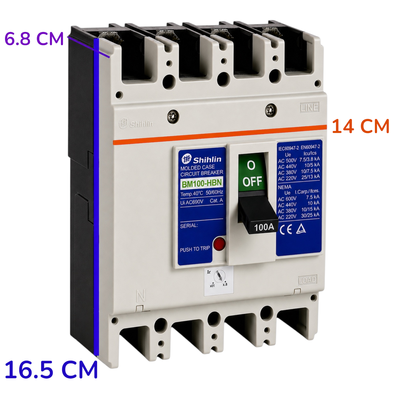 Shihlin BM100-HBN 4-pole circuit breaker with dimension annotations showing 6.8 cm, 14 cm, and 16.5 cm on a white background.