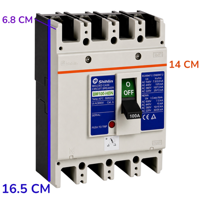 Shihlin BM100-HBN 4-pole circuit breaker with dimension annotations showing 6.8 cm, 14 cm, and 16.5 cm on a white background.