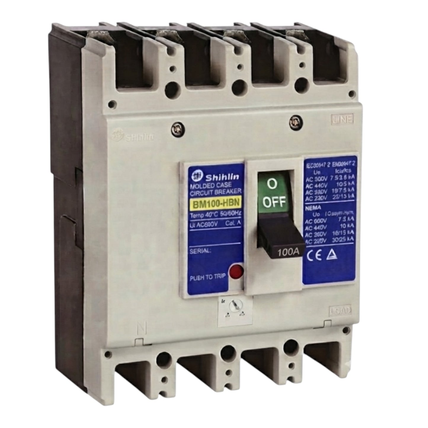 Shihlin BM100 HBN molded case circuit breaker, 4P, 100A, 220V AC, shown on a plain white background.