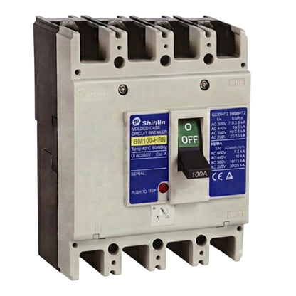 Shihlin BM100 HBN molded case circuit breaker, 4P, 100A, 220V AC, shown on a plain white background.