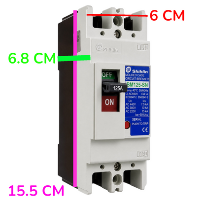 Shihin molded plastic circuit breaker BM125-SN, white and dark gray with a blue label, shown with dimension overlays indicating 6 CM width, 6.8 CM depth, and 15.