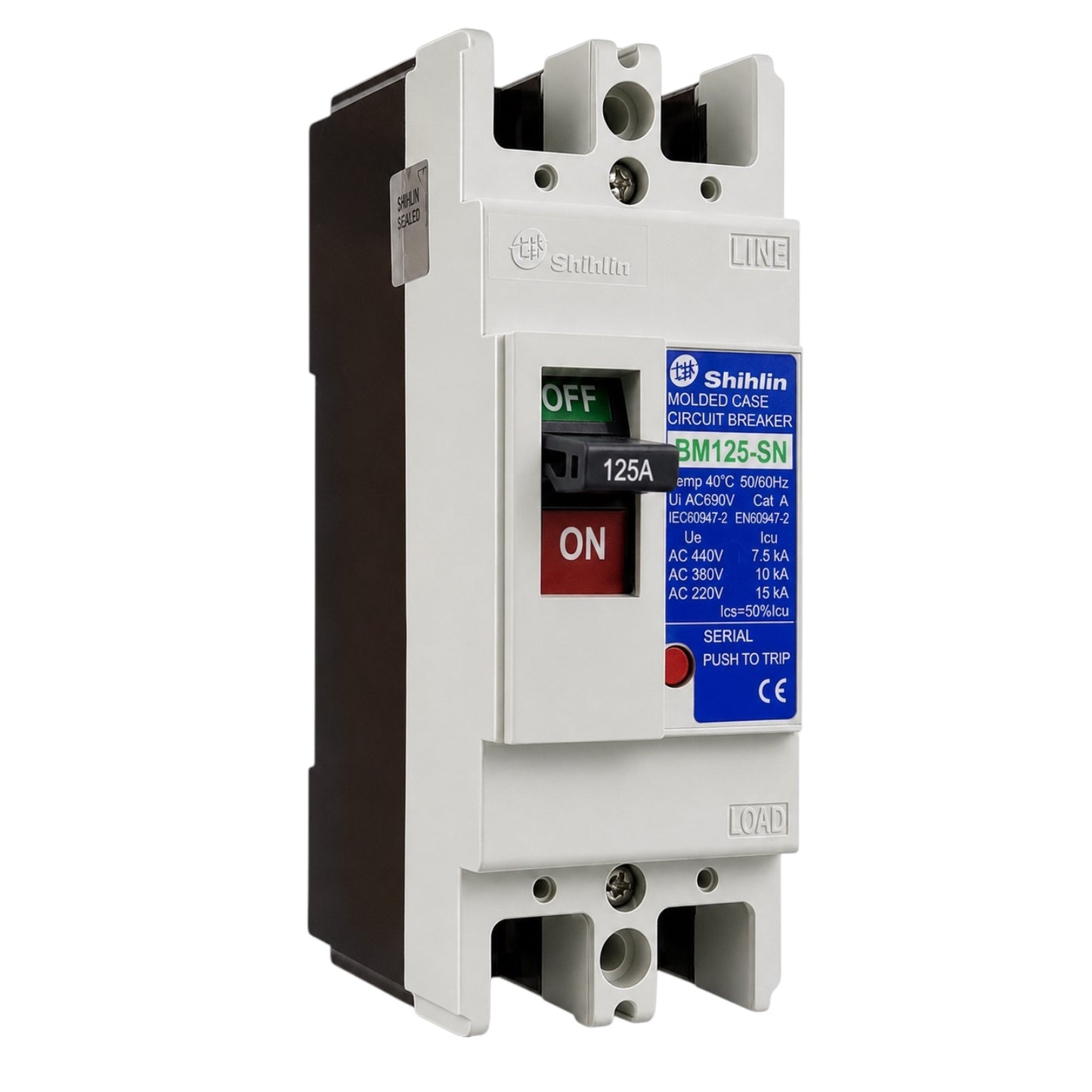 Shihin BM125-SN molded gas circuit breaker with a white plastic housing, dark gray side panels, and a blue and red front label indicating its specifications.