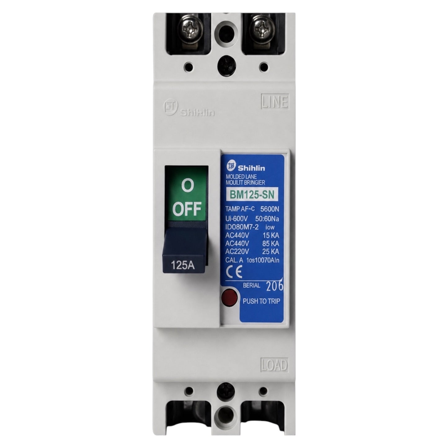 A Shihlin BM125-SN modular wave power circuit breaker module, featuring a white plastic housing, a blue and white technical specification label, and a green OFF switch.